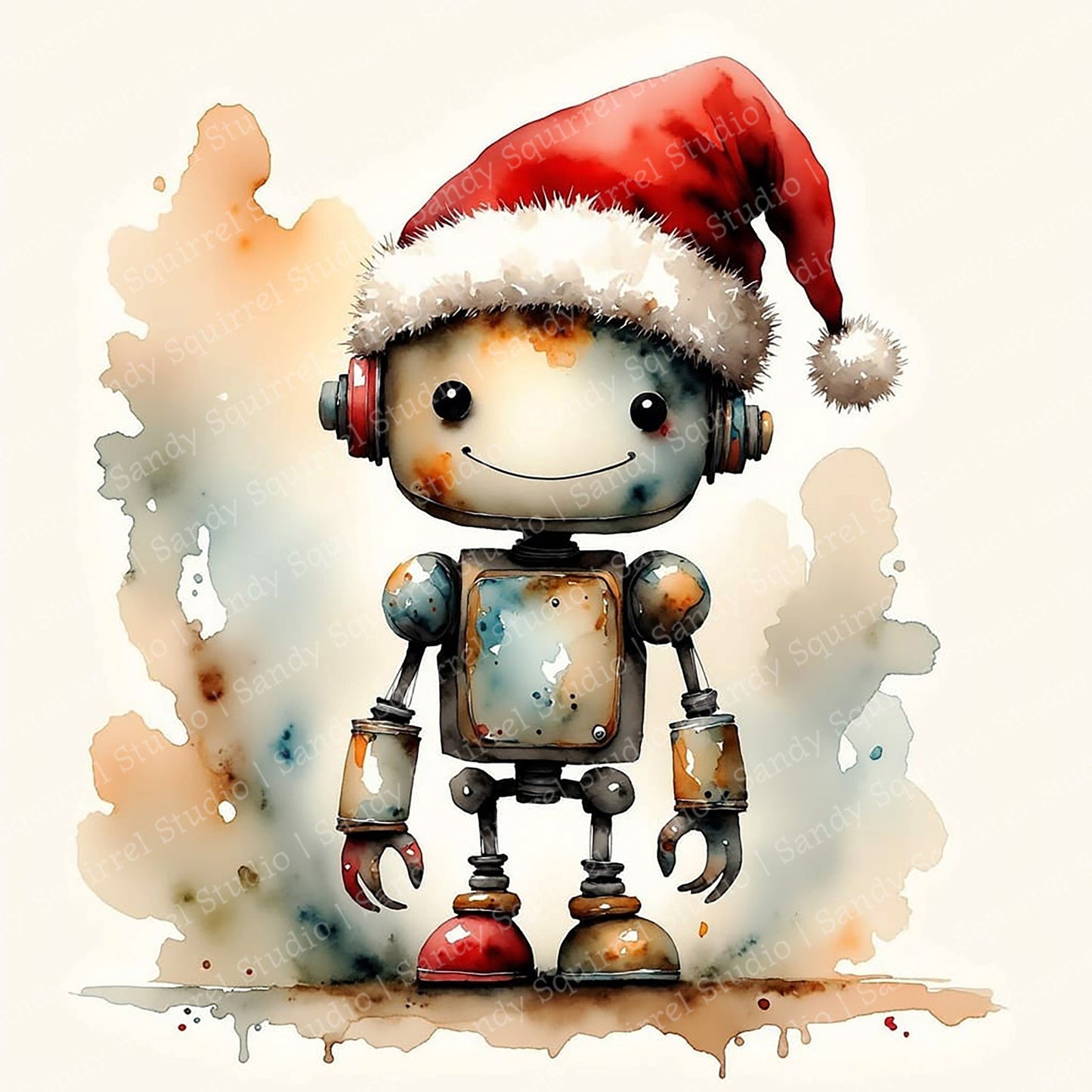 Ho Ho Ho Watercolor-Style Christmas Robot Art