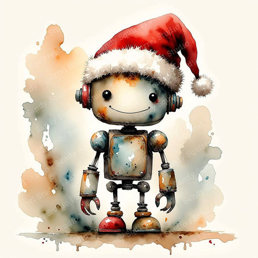 Ho Ho Ho Watercolor-Style Christmas Robot Art