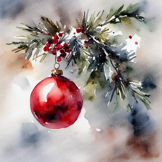 Holiday Reflection Watercolor Style Christmas Ornament Art