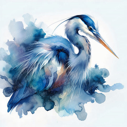 Huey Original Blue Heron Coastal Beach Art Watercolor Style