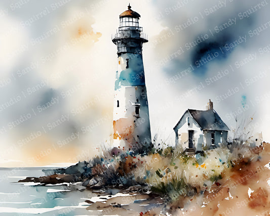 Lighthouse in Blue Original Watercolor Style Coastal Beach Art