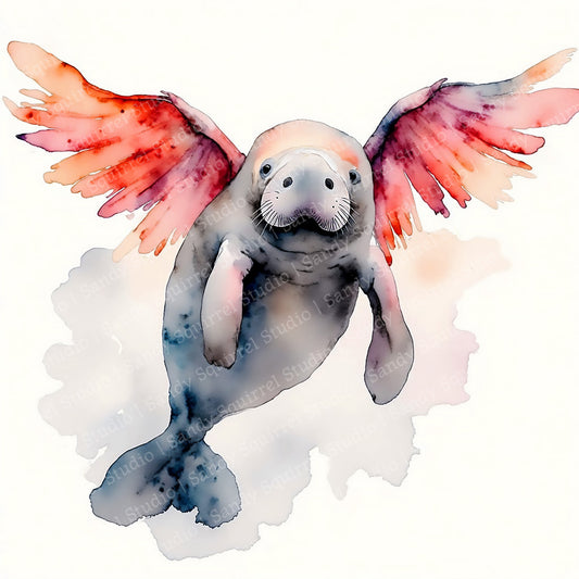 "Manatee in Flight" Whimsical Coastal Manatee Wall Art Print Home Decor