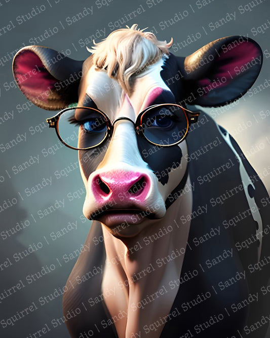 "Maurice" Whimsical Cow with Glasses Original Inch Wall Art Print Pop Art Style Home Decor