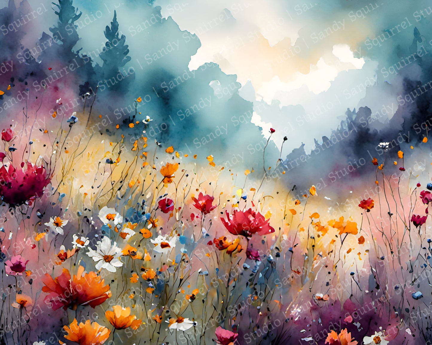 "Meadow" Floral Mountains Landscape Original Art Print Home Decor Wall Art Watercolor-Style with Vibrant Colors