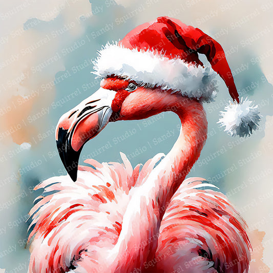 Merry Flamingo Watercolor-Style Christmas Flamingo Art