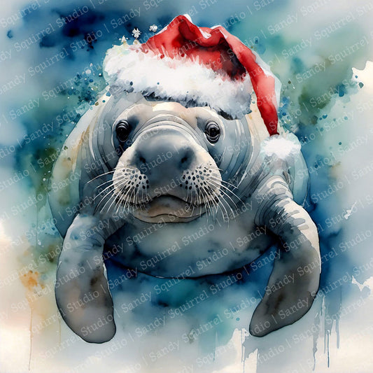 Merry Manatee Original Watercolor-Style Coastal Manatee Christmas Art