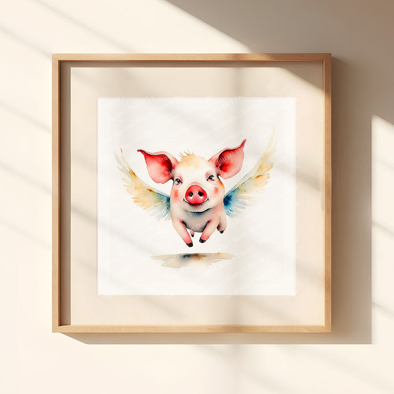 "Milo" Original Watercolor Style Flying Pig Wall Art