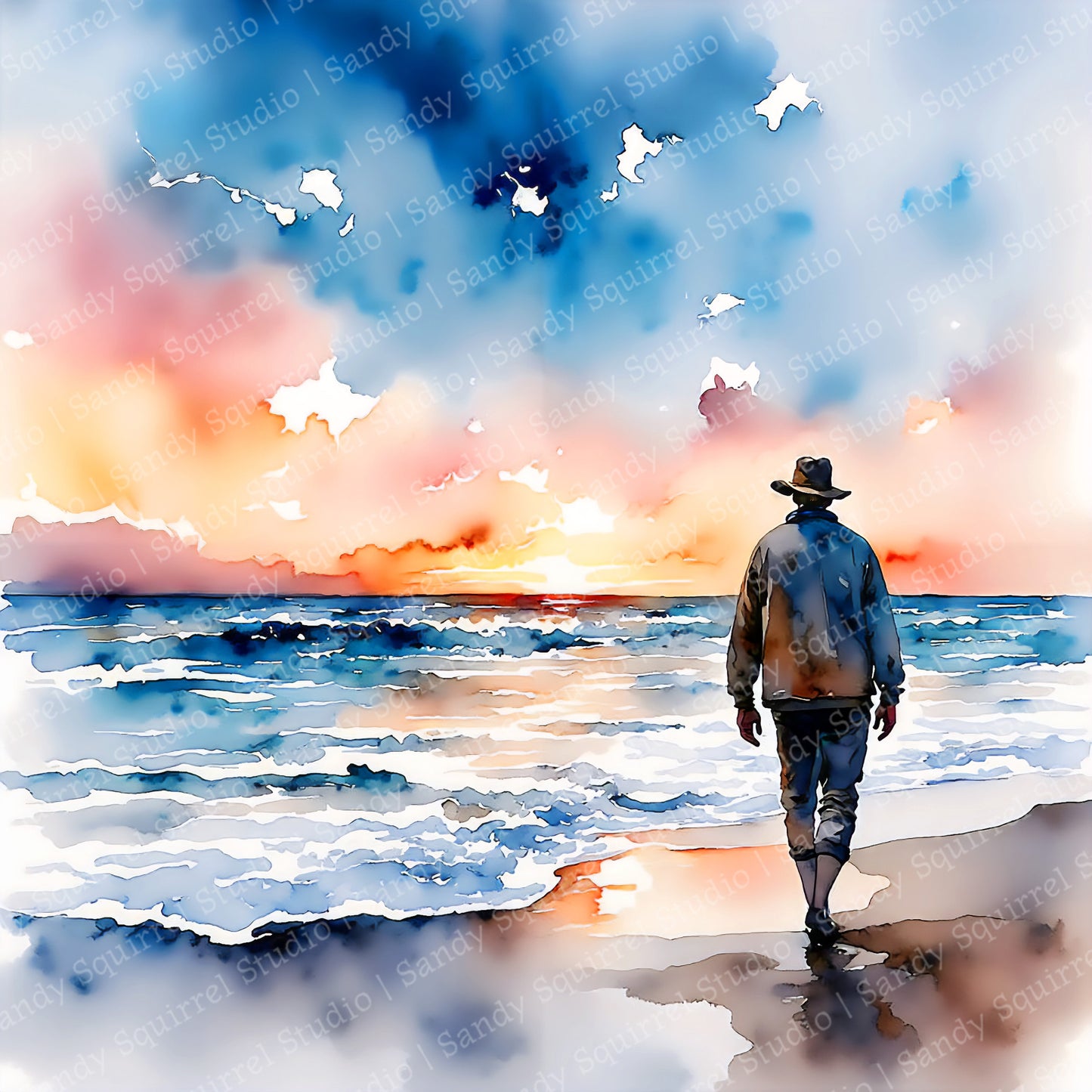 Mulligan Watercolor-Style Coastal Beach Man Art