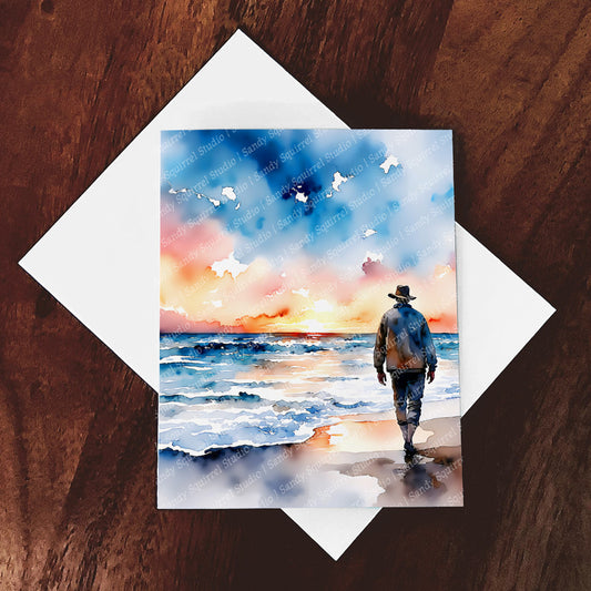 Mulligan Watercolor-Style Coastal Beach Man Art
