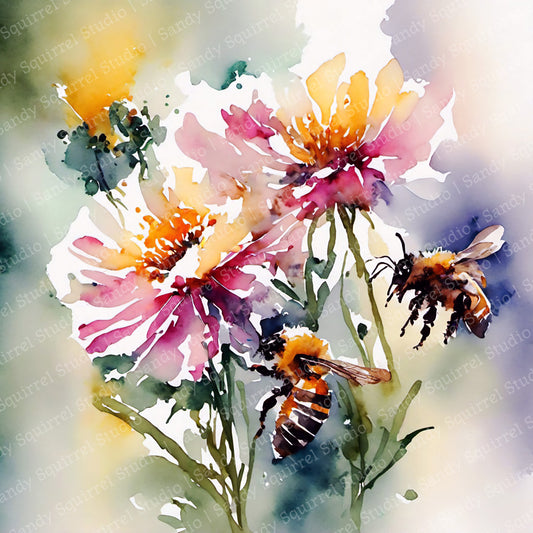 "Nature's Ballet" Original Watercolor-Style Floral Bee Wall Art