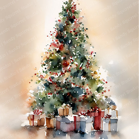 O Tannenbaum Watercolor-Style Christmas Tree with Presents Art