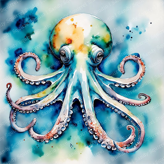 Ocean Majesty Original Watercolor Style Octopus Coastal Beach Art