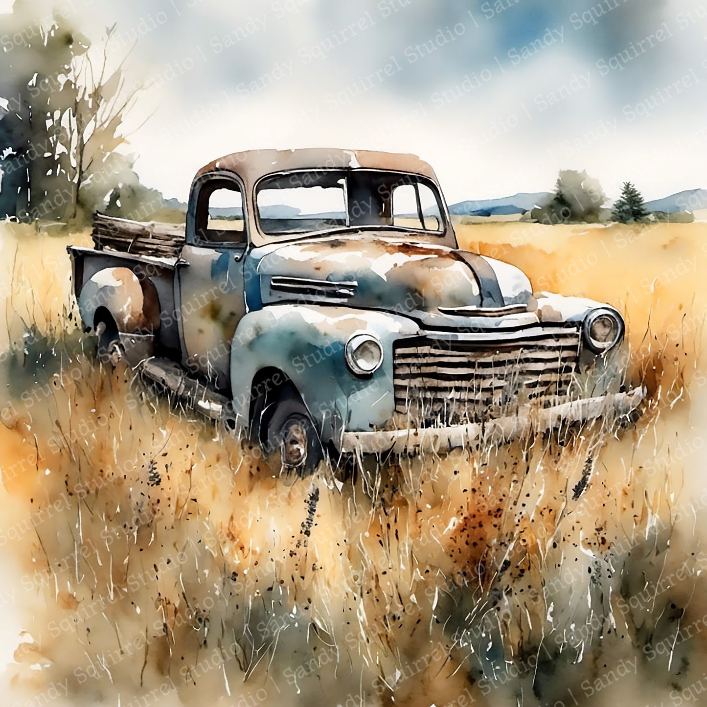 "Out to Pasture" Original Rural Farm Truck Art Print Home Decor Watercolor Style Wall Art with Muted Colors