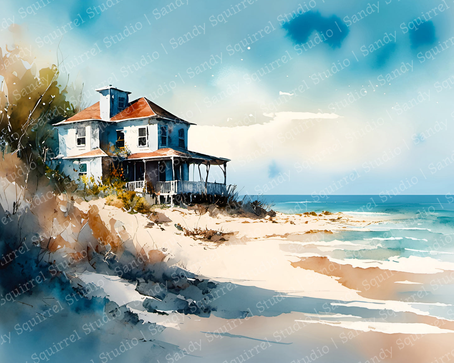 "Porch" Original Coastal Beach House Art Print Watercolor Style 10x8 Home Decor Wall Art with Muted Colors