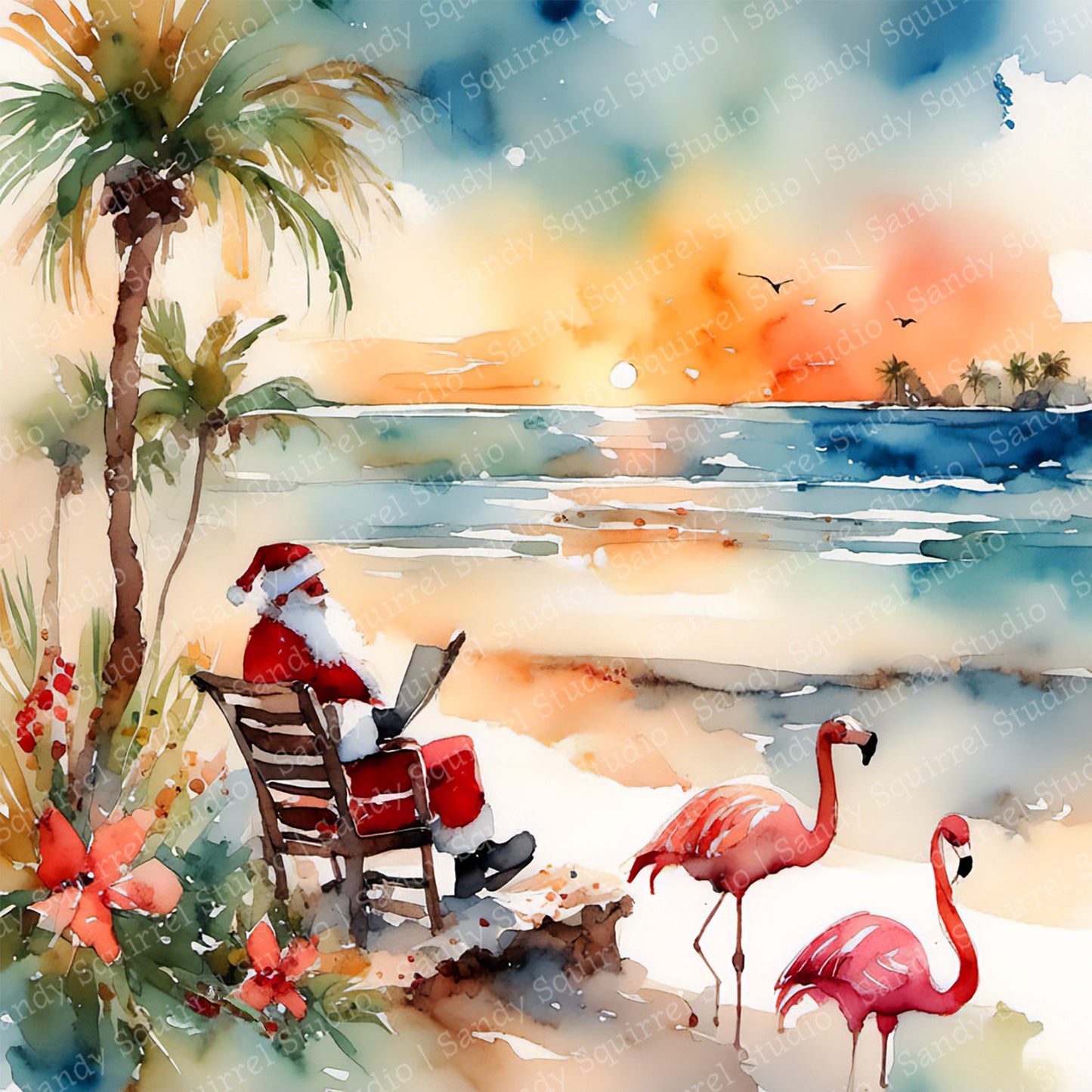 Sandy Santa Original Watercolor-Style Coastal Santa Art