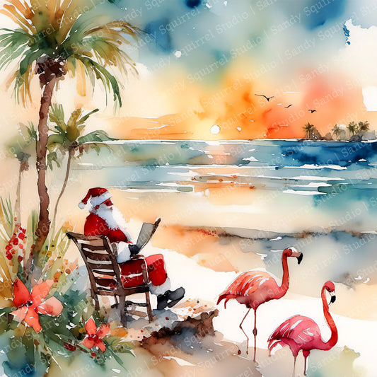 Sandy Santa Original Watercolor-Style Coastal Santa Art