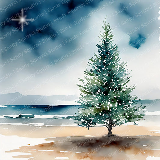 Silent Night Original Watercolor-Style Coastal Christmas Tree Art