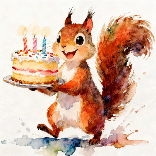 Squirrely Birthday Watercolor-Style Squirrel Birthday Art