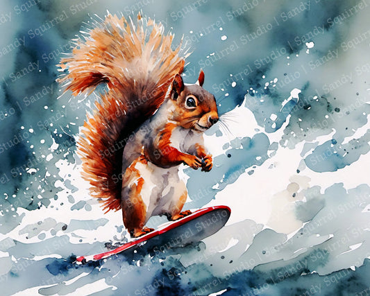 Surfin' USA Original Surfing Squirrel Coastal Beach Art Home Decor Wall Art Print
