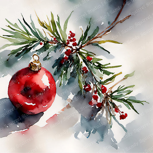 Tis The Season Watercolor-Style Pine Christmas Tree Ornament Art