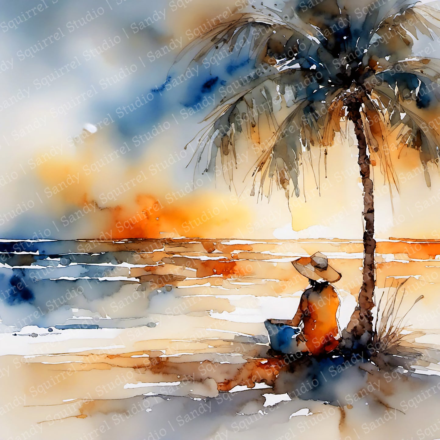 Tropical Sunrise Watercolor Style Vibrant Coastal Art