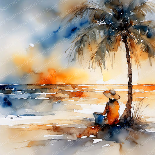 Tropical Sunrise Watercolor Style Vibrant Coastal Art