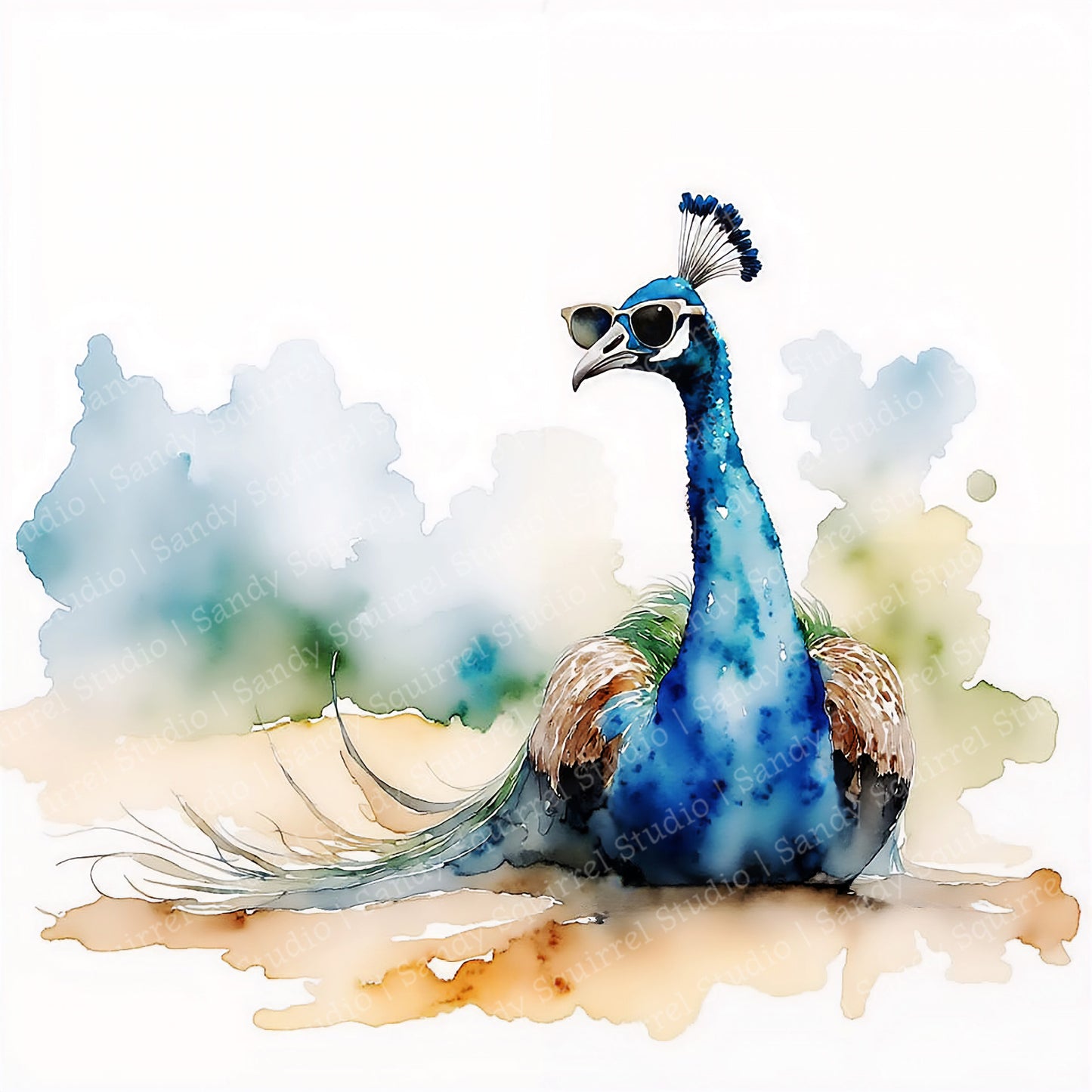 Vogue Watercolor Style Sunbathing Peacock Art
