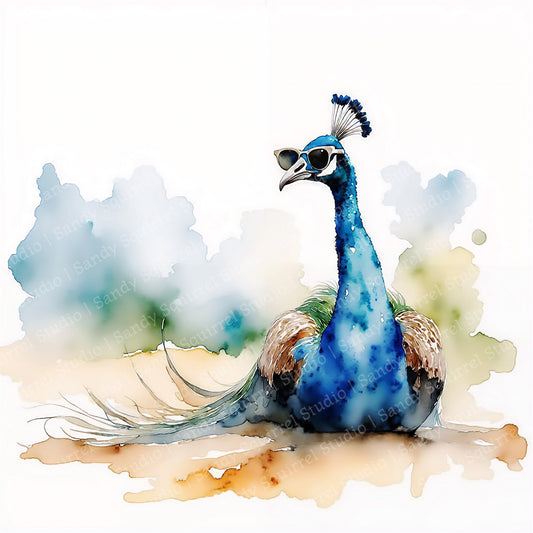 Vogue Watercolor Style Sunbathing Peacock Art