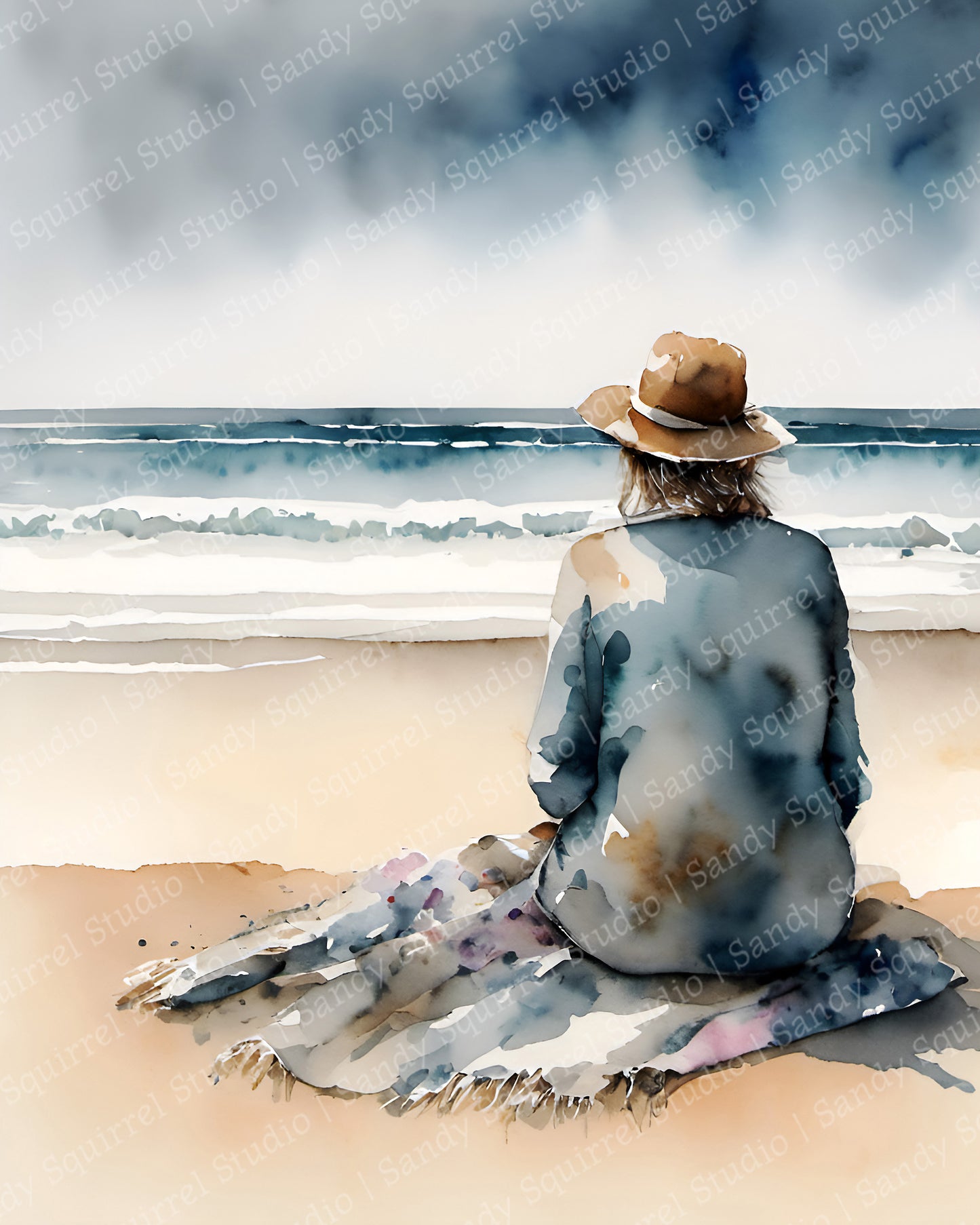 "Watchful" Coastal Ocean Beach Watching Waves Original Inch Wall Art Print Watercolor Style Home Decor