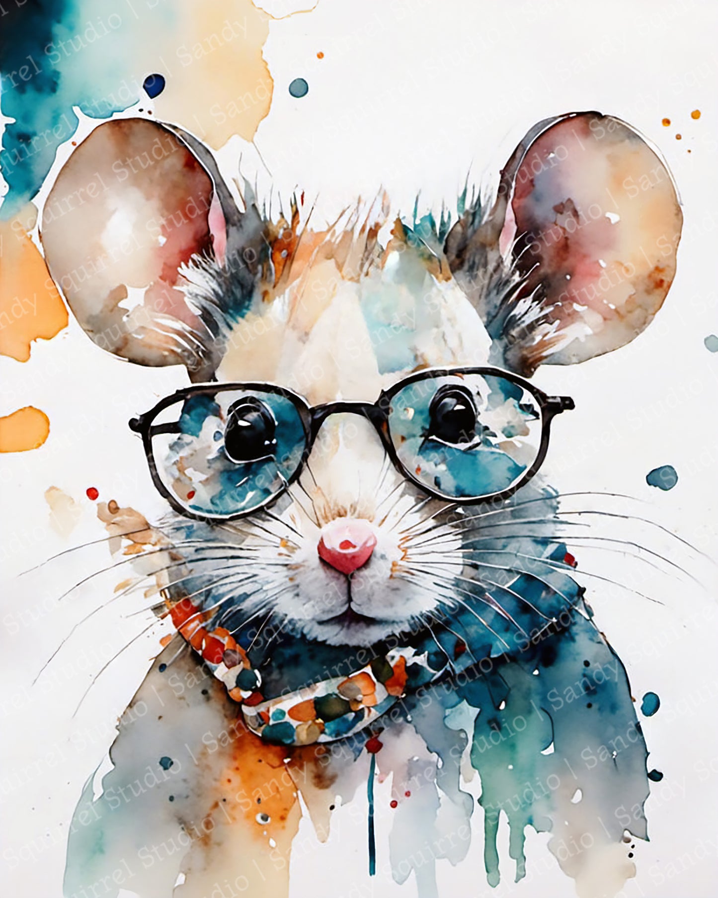 "Whiskered Wisdom" Original Watercolor-Style Mouse with Glasses Wall Art