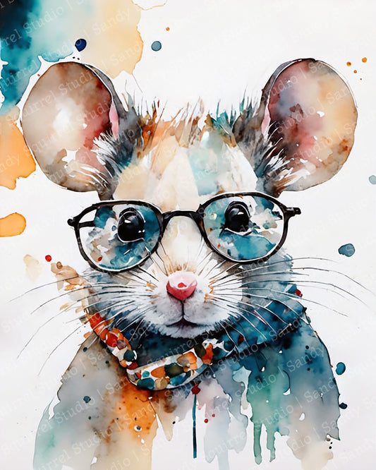 "Whiskered Wisdom" Original Watercolor-Style Mouse with Glasses Wall Art