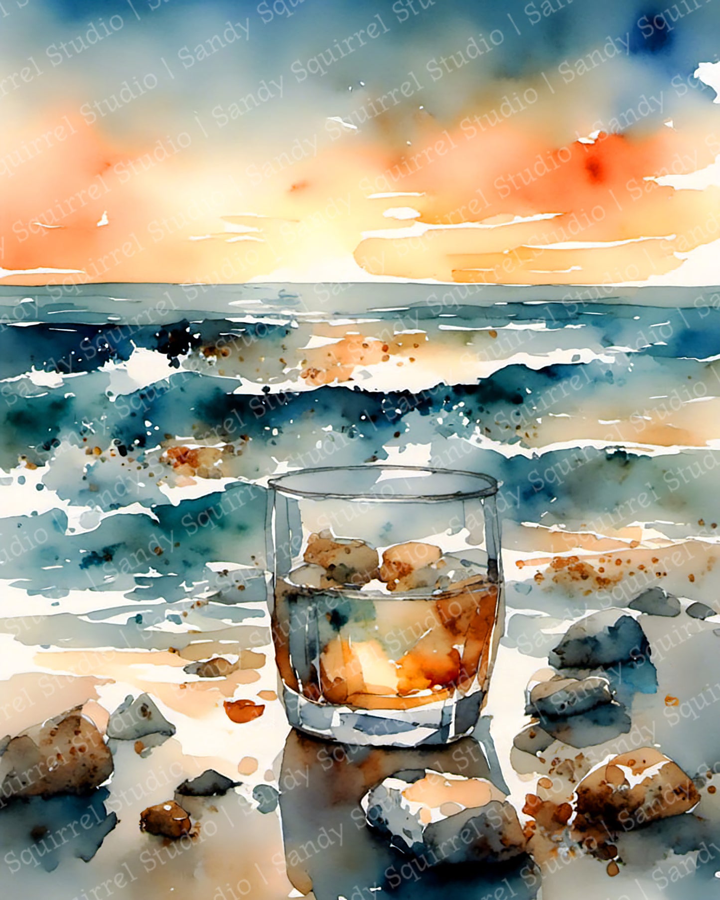 "Whisky Waves" Original Coastal Beach Art Watercolor Style Home Decor Wall Art Print