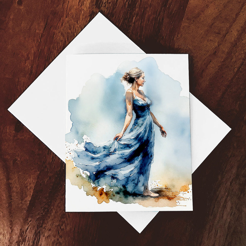 "Azure Dream" Watercolor Style Coastal Woman in Blue Art Print