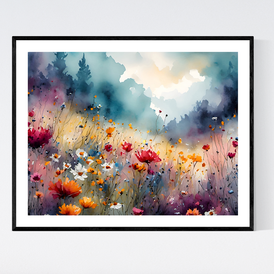 ’Meadow’ Floral Mountains Landscape Original Art Print Home Decor Wall Watercolor - Style With