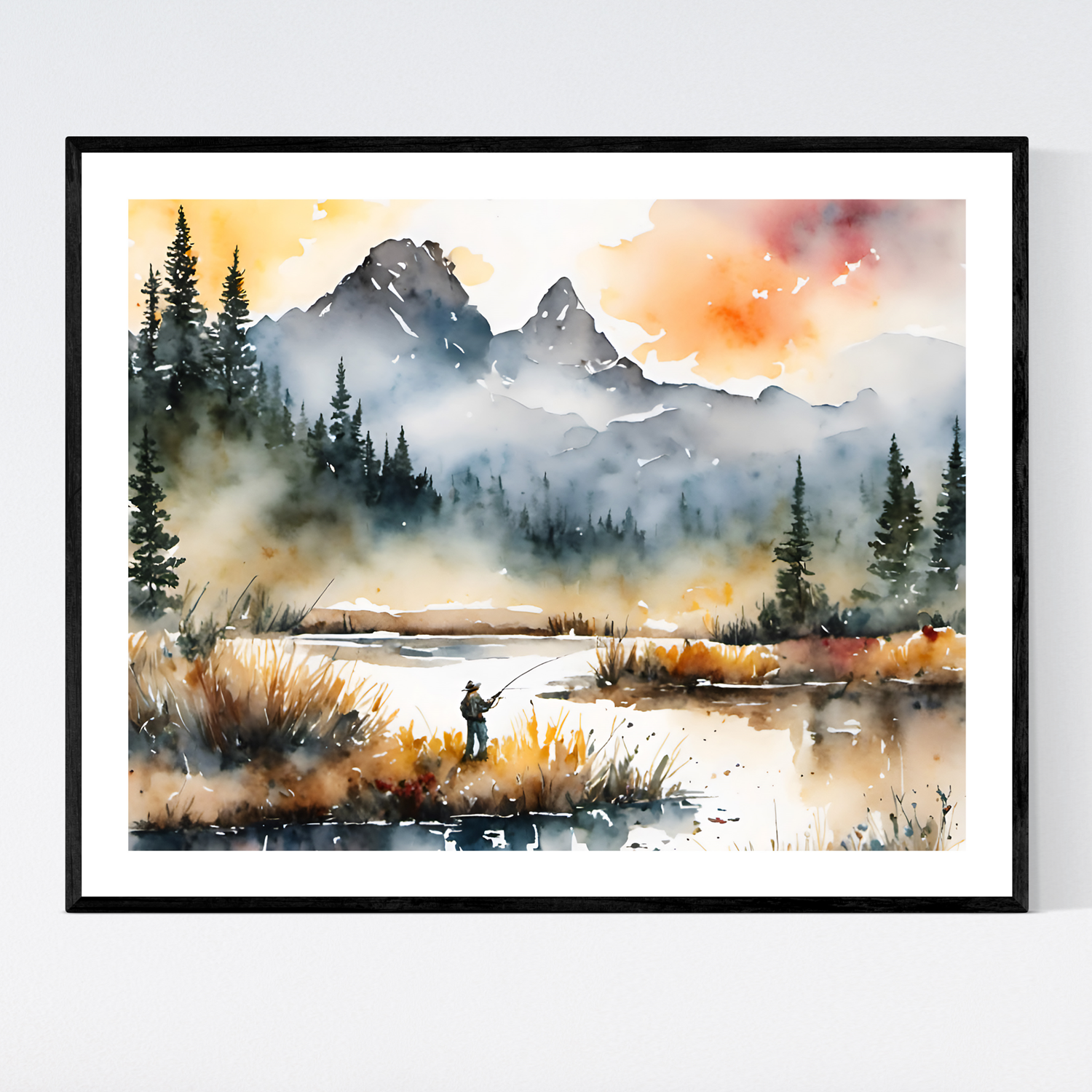 ’Montana Fly Fishing’ Original Landscape Art Print 10X8 Home Decor Wall