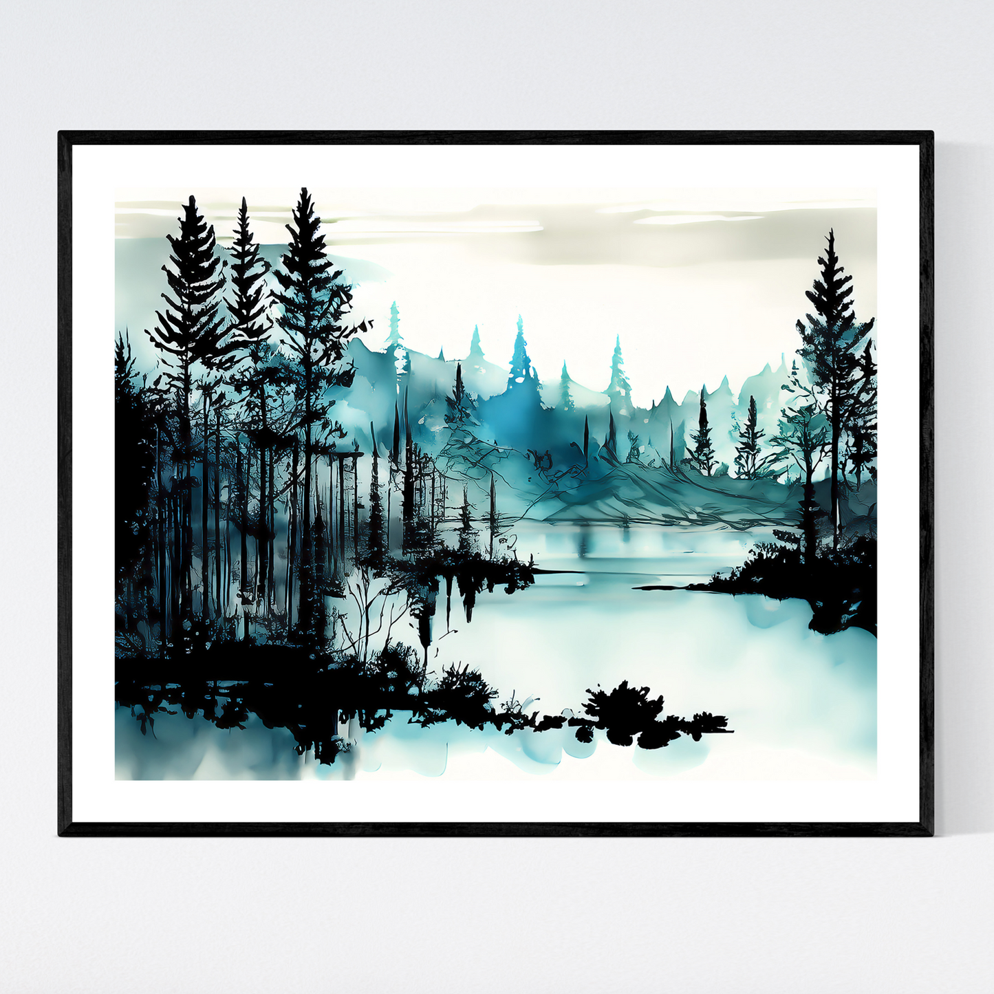 ’North Woods In Aqua’ Aqua Black Ink Original North Lake Art Print 10X8 Home Decor Wall