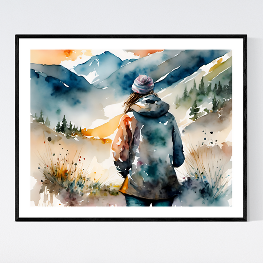 ’Greet The Sun’ Solitary Hiker Greets Day Original Mountain Landscape Art Print 10X8 Home Decor Wall