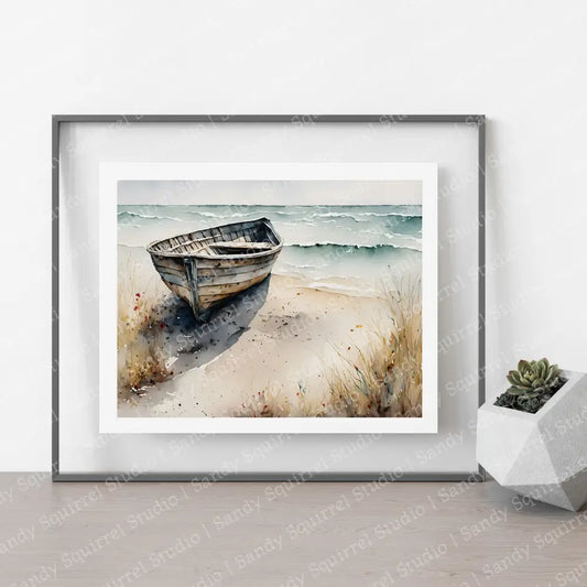 ’Abandoned Rowboat’ Original Coastal Art Print 10X8 Home Decor Watercolor Style Wall With Muted