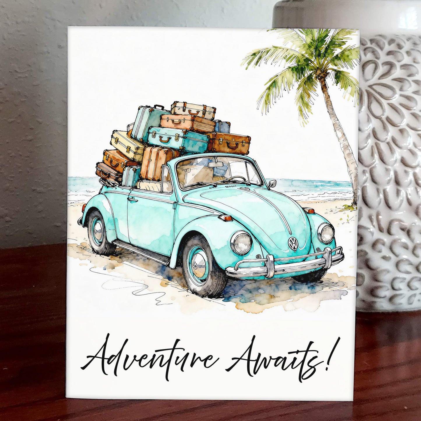 Adventure Awaits Watercolor Style Coastal Beach VW Art