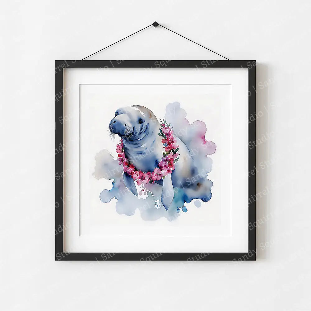 ’Aloha’ Original Watercolor Style Manatee Coastal Wall Art 8X8 Print