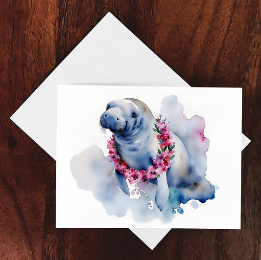 Aloha Whimsical Watercolor Style Manatee Greeting Card