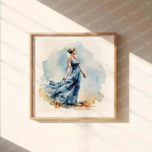 ’Azure Dream’ Watercolor Style Coastal Woman In Blue Art Print 12 X