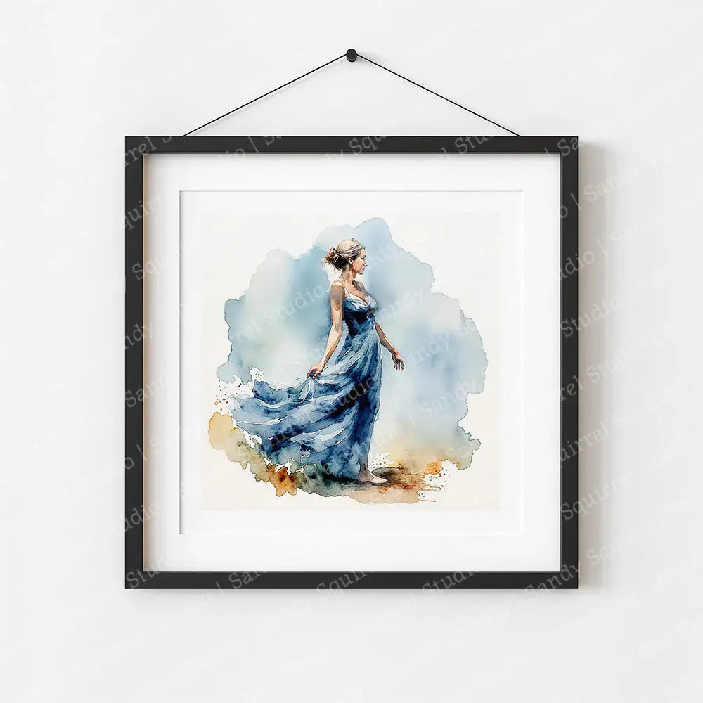 ’Azure Dream’ Watercolor Style Coastal Woman In Blue Art Print 8 X