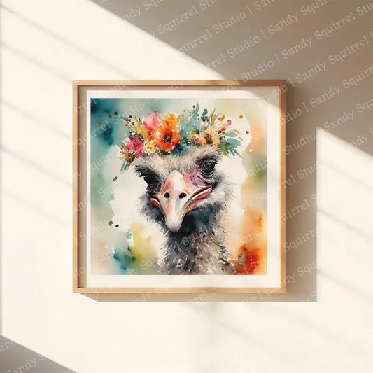 ’Beatrice’ Original Ostrich Art Print Home Nursery Decor Watercolor Style Wall 12X12