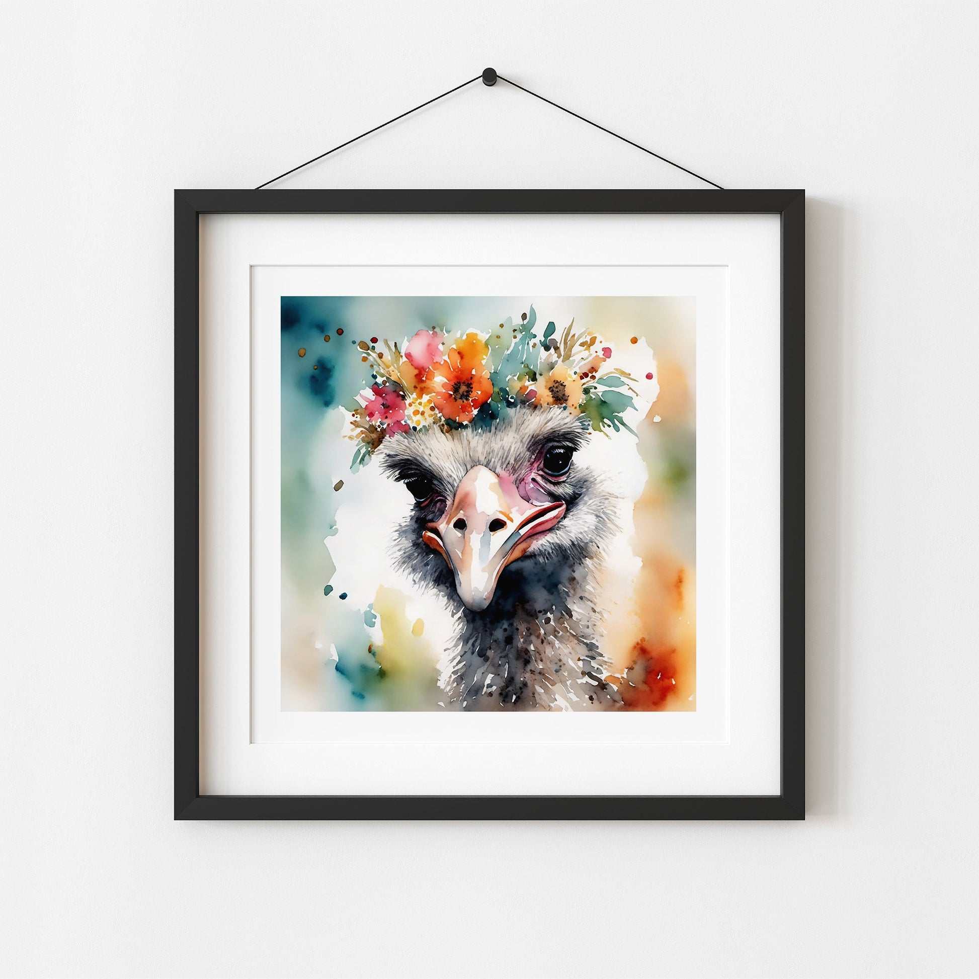 ’Beatrice’ Original Ostrich Art Print Home Nursery Decor Watercolor Style Wall 8X8