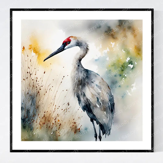 ’Beauty’ St Johns River Original Sandhill Crane Art Print 8X8 Home Decor Watercolor Style Wall