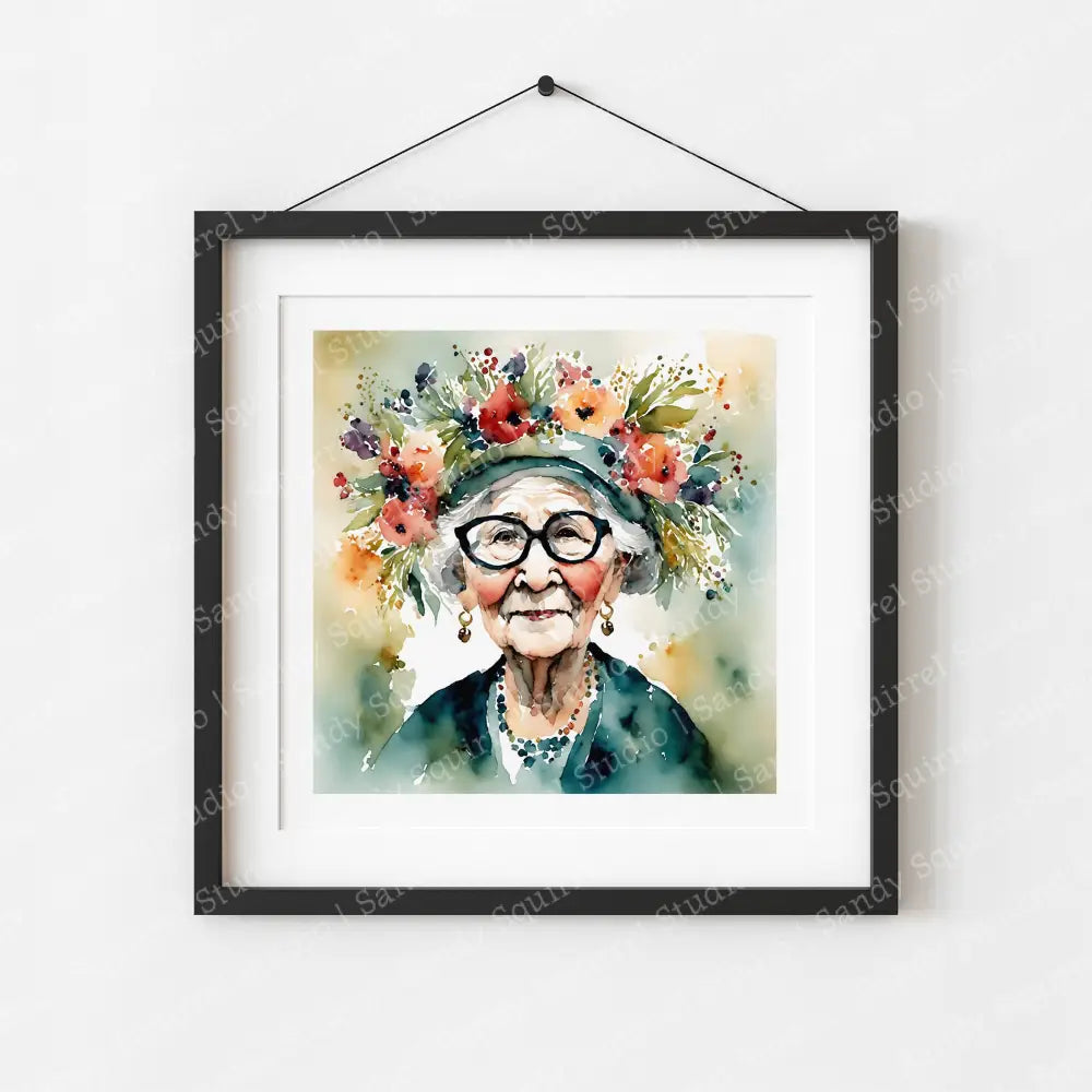 ’Bloom’ Original Whimsical Grandmother Art Home Decor Wall Print 8X8