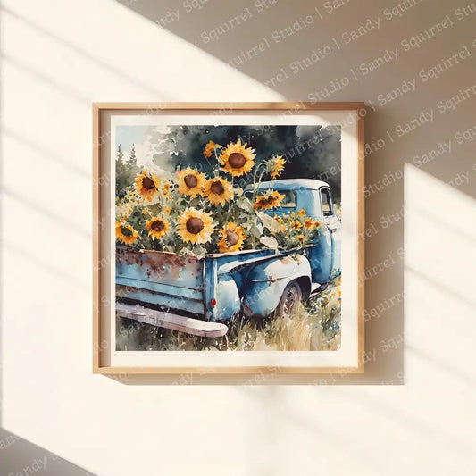 ’Blue Serenity’ Abandoned Farm Truck Filled With Sunflowers Original Rural Art Print Home Decor