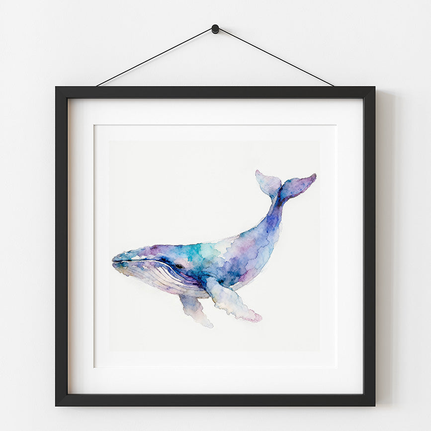 Blue Watercolor-Style Coastal Whale Art