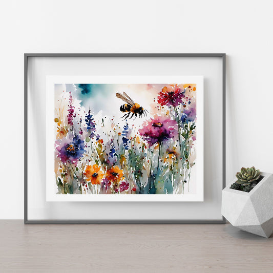 ’Busy Bee’ Original Floral Art Print Home Decor Wall Watercolor-Styl 10X8